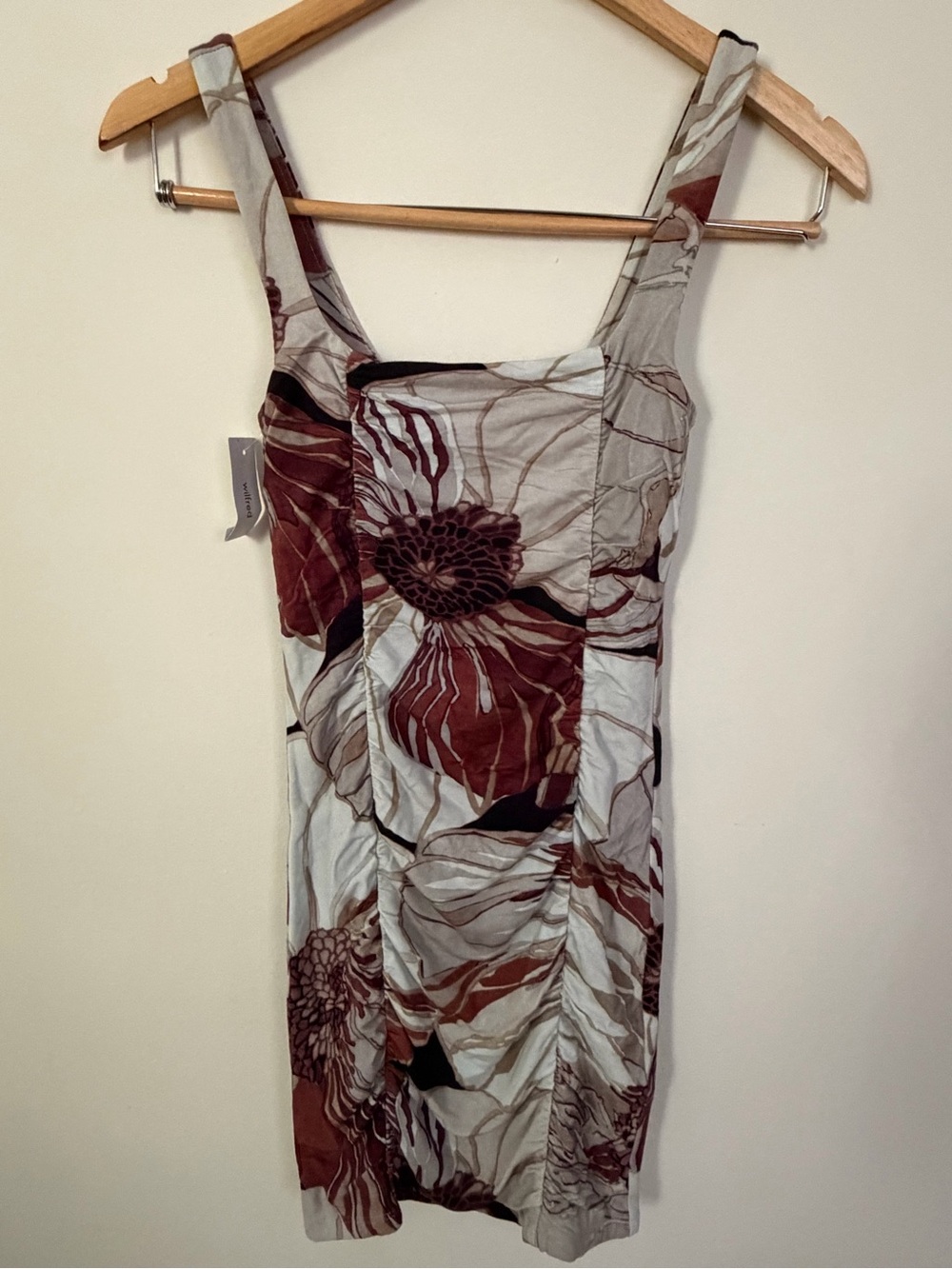 Aritzia Floral Ruched Mini Dress in Rust and Cream